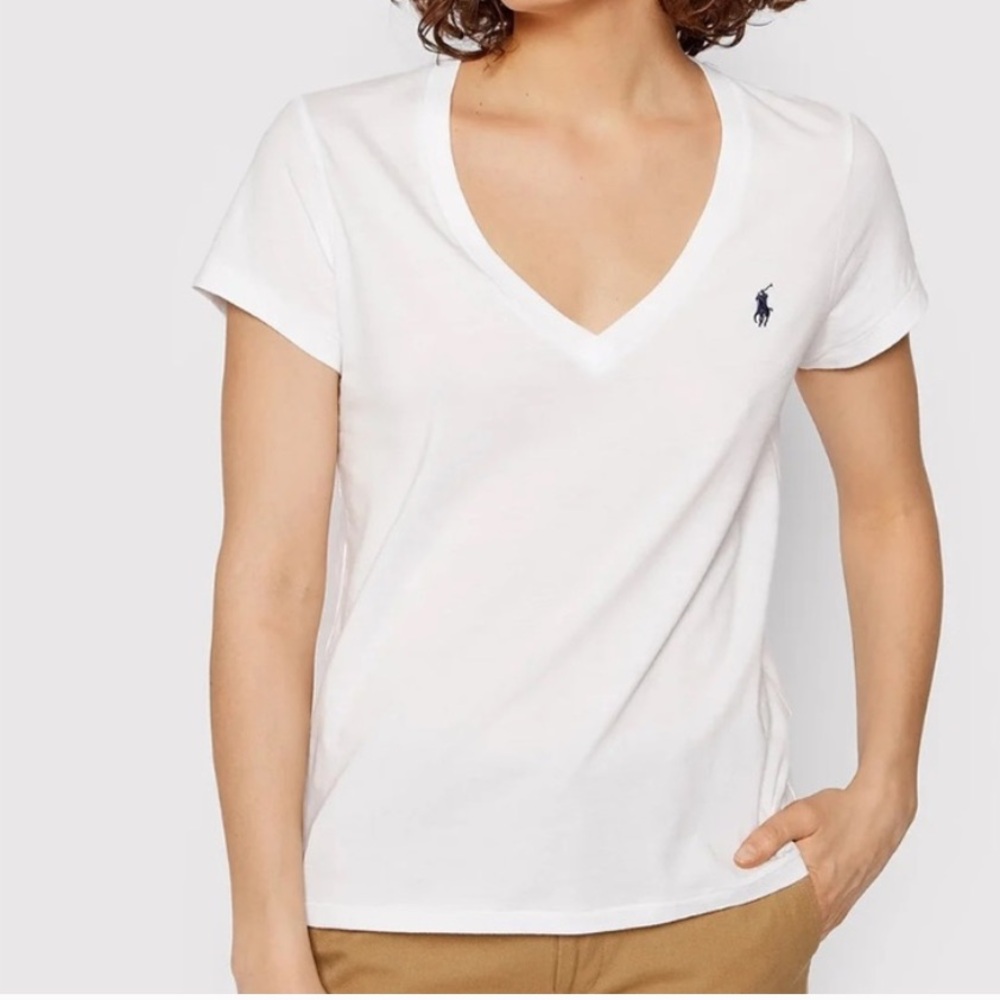 Ralph Lauren White V-Neck Tee with pink Polo Pony